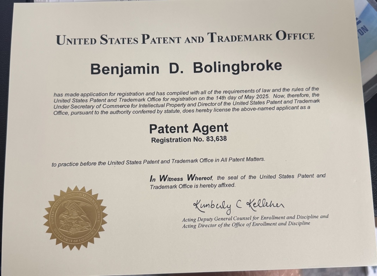 United States Patent and Trademark Office certificate registering Benjamin D. Bolingbroke as a Patent Agent, Registration No. 83,638